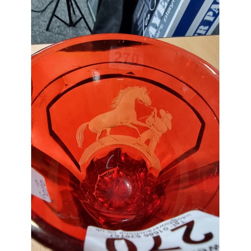 270 - Antique Red glass bohemian vase with a etching of a Mexican or Spanish Cowboy breaking in a horse in... 