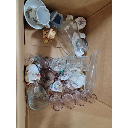 94 - 3x boxes of ceramic and glassware inc Wedgwood trinket box, Pendelfin figure, wine glasses, glass ju... 