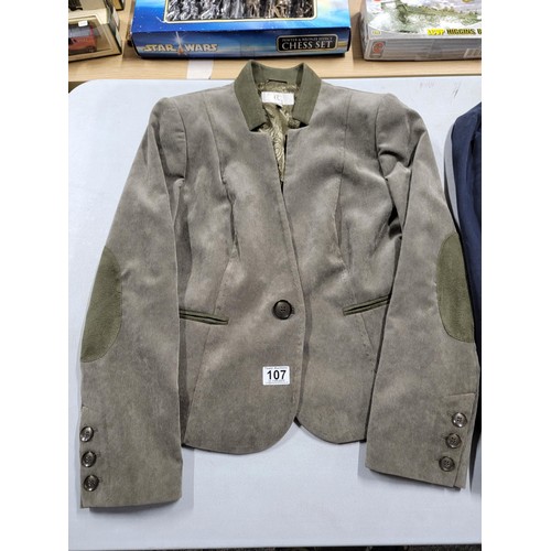 107 - 2x ladies jackets inc a CC size 14 corduroy jacket, a size 12 navy jacket with matching trousers all... 