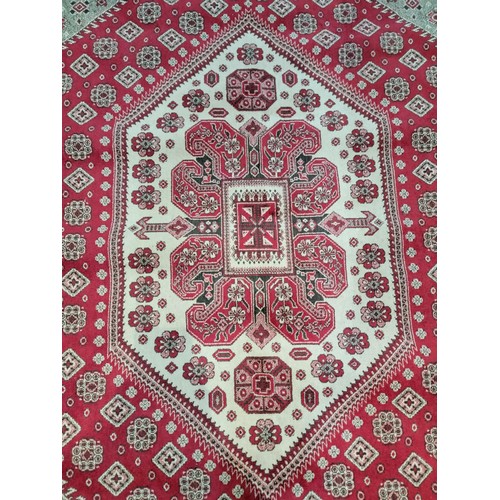 113 - Good quality vintage hand woven red and cream carpet, has always been hung on the wall. length 187cm... 