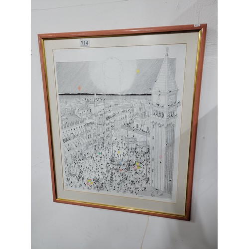 114 - Good quality framed and glazed Fabio Vettori print dated 1986 Tutti i diritti Reservati Venezia of a... 