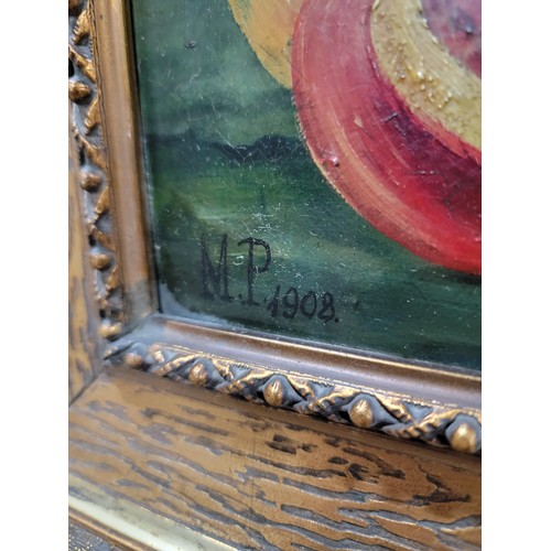 120 - Framed oil on board of a still life scene of peaches in a bowl, in an ornate gilt frame, signed to l... 