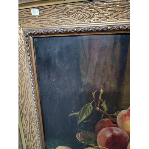 120 - Framed oil on board of a still life scene of peaches in a bowl, in an ornate gilt frame, signed to l... 