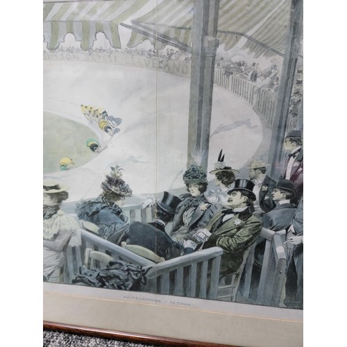 124 - Framed and glazed vintage print of Au Velodrome - La Tribune along with a reproduction of a vintage ... 