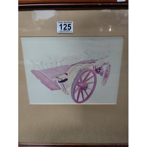 125 - 3x framed and glazed ink drawings of carts all in good order largest measures 45cm high by 43cm wide