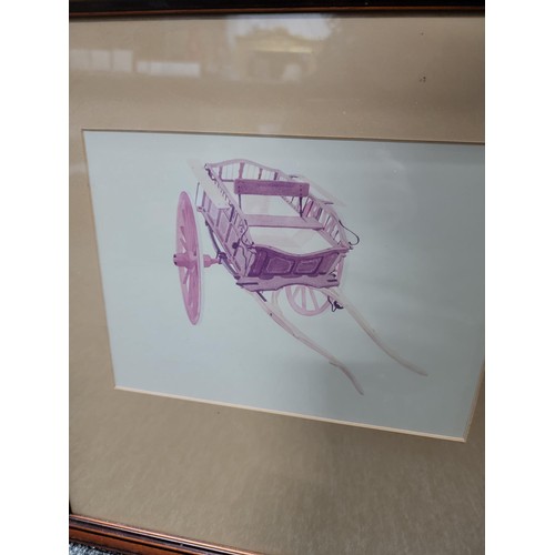 125 - 3x framed and glazed ink drawings of carts all in good order largest measures 45cm high by 43cm wide