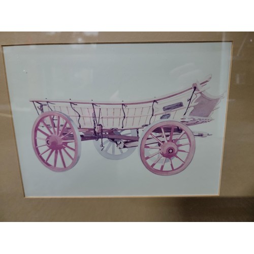 125 - 3x framed and glazed ink drawings of carts all in good order largest measures 45cm high by 43cm wide