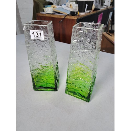 131 - Pair of large green and clear glass bark effect vases (most likely japanese) in good overall conditi... 