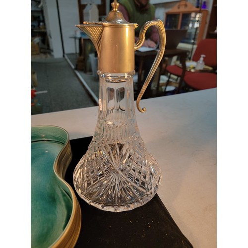 300 - Silver plated crystal cut claret jug along with a Beswick blue and grey large ergonomic bowl also co... 