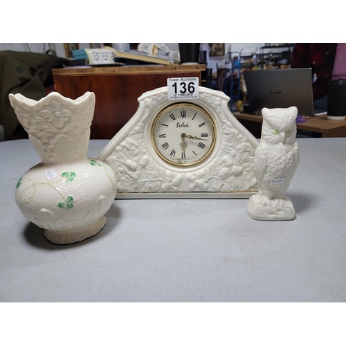 136 - 3x Belleek pieces inc a clock, owl figurine, and vase. Clock requires a new face, largest piece meas... 