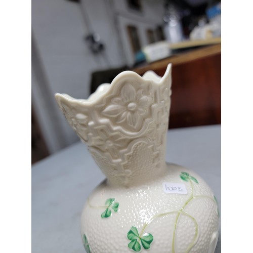 136 - 3x Belleek pieces inc a clock, owl figurine, and vase. Clock requires a new face, largest piece meas... 