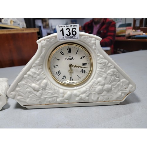 136 - 3x Belleek pieces inc a clock, owl figurine, and vase. Clock requires a new face, largest piece meas... 