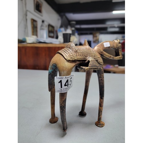 145 - Good quality antique bronze horse figure hand made with detailing to the saddle missing base to one ... 