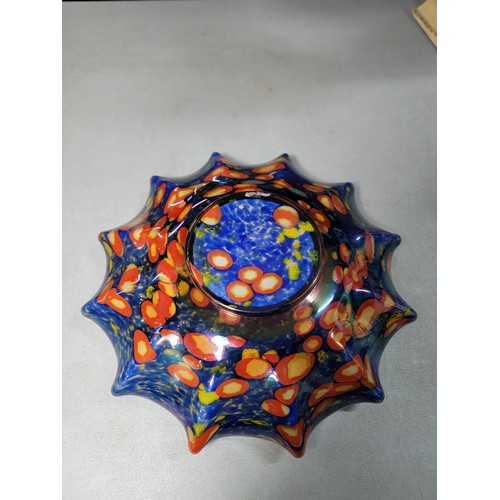 301 - Very good quality glass multi coloured Kralik Millefiori iridized knuckle bowl along with a tall Mur... 