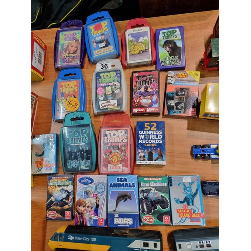 36 - A collection of 17x collectable trading cards and playing cards to include 9 sets of Top Trumps alon... 