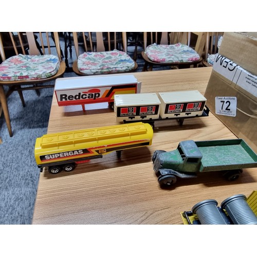 58 - A box full of various diecast and plastic model vehicles many relating to model railway trackside to... 