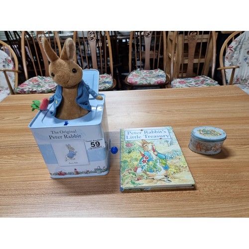 59 - A collection of Peter Rabbit items to include a Peter Rabbit tin Jack in a box by Rainbow designs al... 