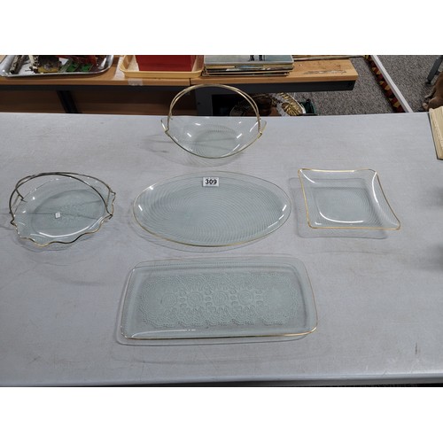 309 - 3x chance glass atomic swirl platters with carry handles along with 2x other platters