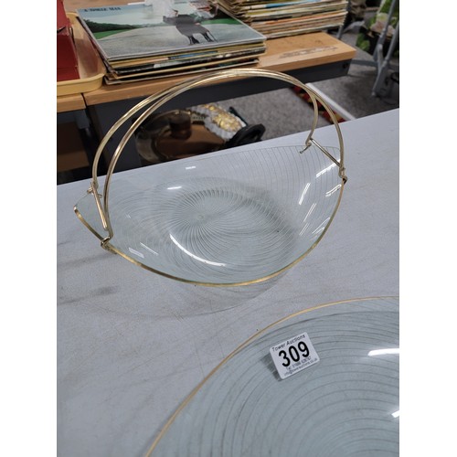 309 - 3x chance glass atomic swirl platters with carry handles along with 2x other platters