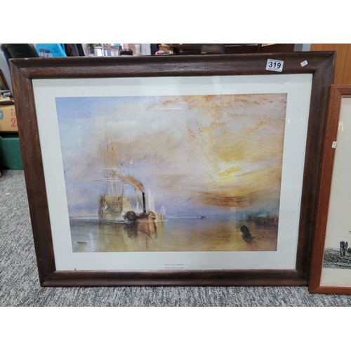 319 - Turner print The fighting Temeraire along with a black and white print of caernarvon castle height 6... 