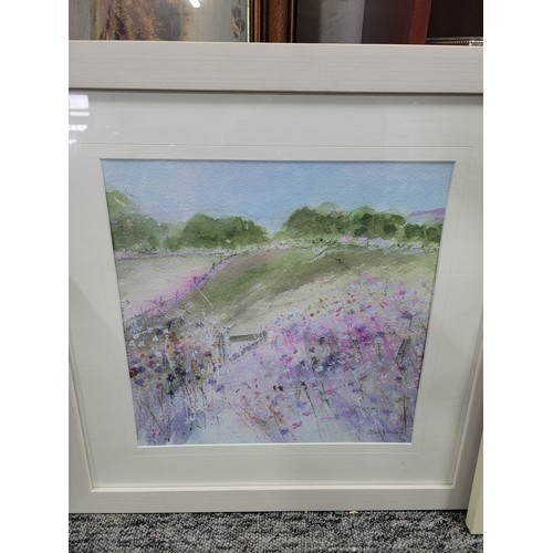 320 - 3x framed and glazed prints inc a signed print of a hare, an embroidered picture of flowers, and a S... 