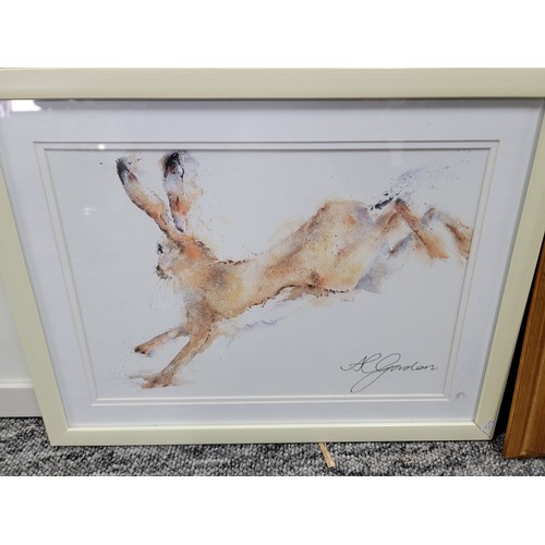 320 - 3x framed and glazed prints inc a signed print of a hare, an embroidered picture of flowers, and a S... 