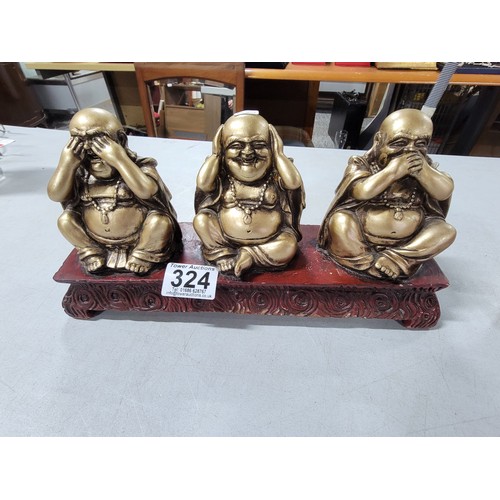 324 - Good quality hand carved wooden Buddha figure along with 3x buddha's inc hear no evil speak no evil ... 