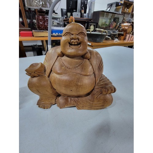 324 - Good quality hand carved wooden Buddha figure along with 3x buddha's inc hear no evil speak no evil ... 