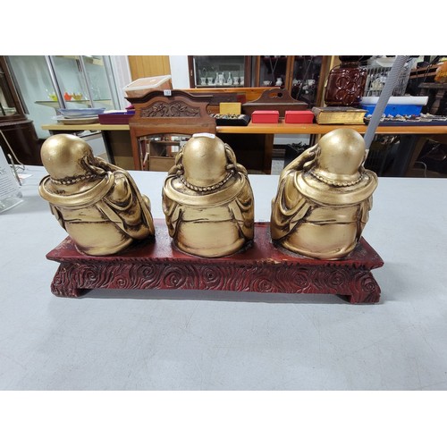 324 - Good quality hand carved wooden Buddha figure along with 3x buddha's inc hear no evil speak no evil ... 