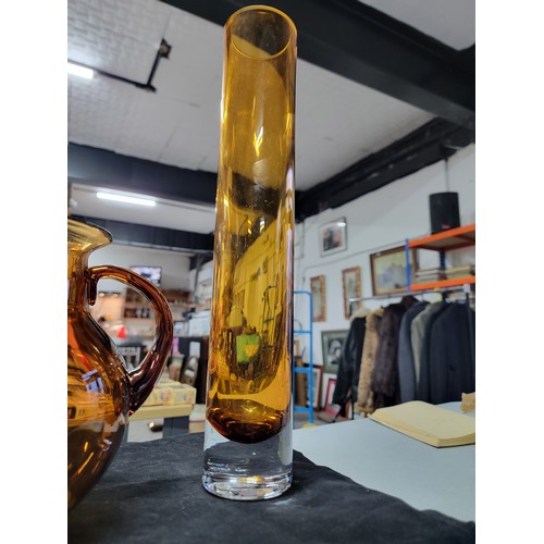 346 - 3x amber glass coloured pieces of glassware inc a large glass pitcher jug and 2x tall tube like vase... 