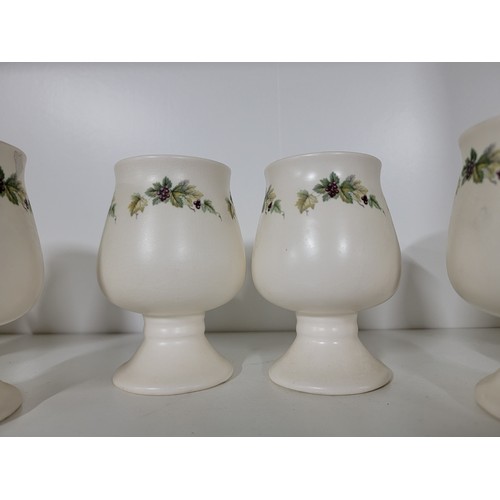 350 - Good quality set of Prinknash pottery inc handled jug and 6x goblets with floral design, jug stands ... 