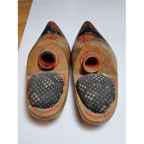 206 - A pair of vintage wooden clog formed pin cushions with thimbles along with a pair of gilt ceramic La... 