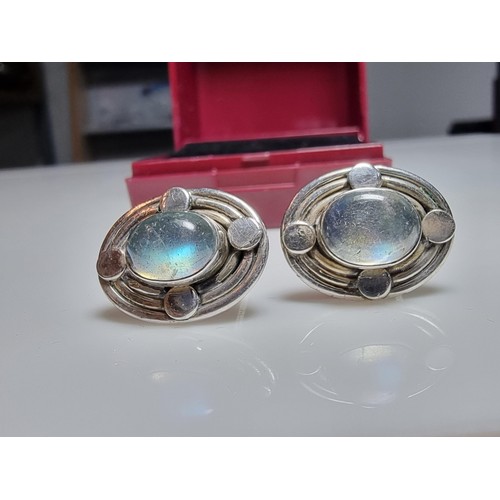 224 - A pair of pretty 925 silver stud earrings inset with stunning spectrolite stones with excellent flas... 