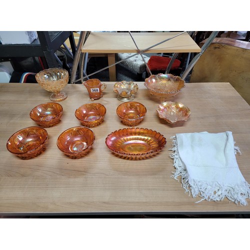 368 - 11x pieces of carnival glass inc 5 bowls, 3 legged fruit bowl largest piece stands at 9cm high 19cm ... 