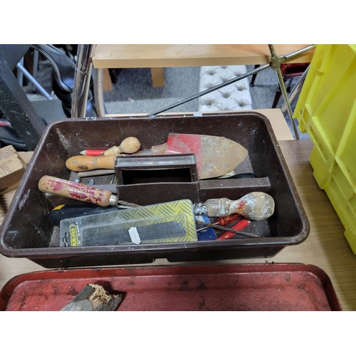 394 - Crate containing a quantity of vintage tools inc bill hook, socket set, tool box tray with various t... 