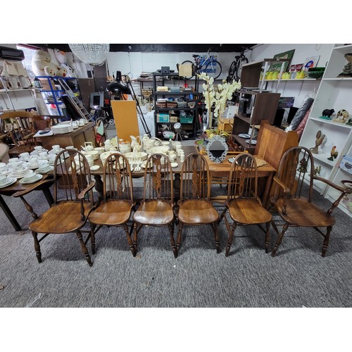 486 - Glenister refectory table 4x cathedral solid oak spindle back chairs with 2x carvers all with solid ... 