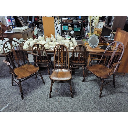 486 - Glenister refectory table 4x cathedral solid oak spindle back chairs with 2x carvers all with solid ... 