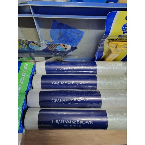 402 - Box containing a large quantity of Graham & Brown wallpaper new and sealed, paint brush restorer, du... 