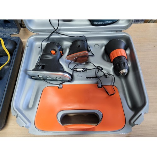 405 - Black and decker quattro multi tool sander with battery and charger cased along with a 18v drill wit... 