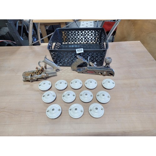 406 - Small crate containing a small quantity of new antique style ceramic ceiling light connectors along ... 