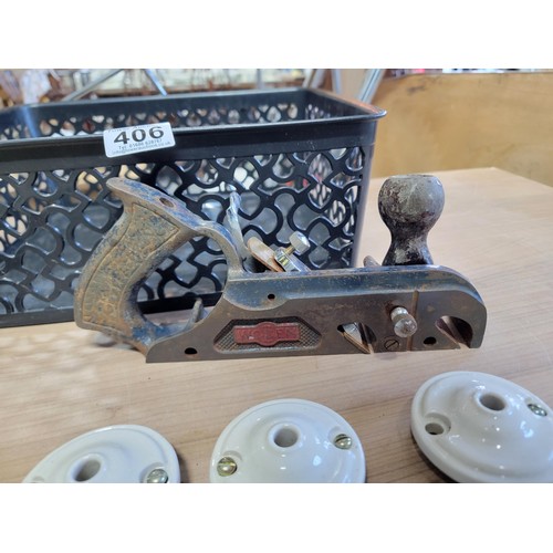 406 - Small crate containing a small quantity of new antique style ceramic ceiling light connectors along ... 