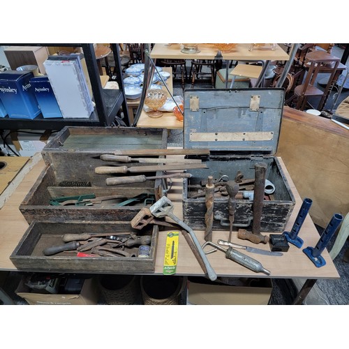 408 - 2x vintage tool boxes containing a quantity of tools inc 2x windlasses. files, hammers, drill bits, ... 