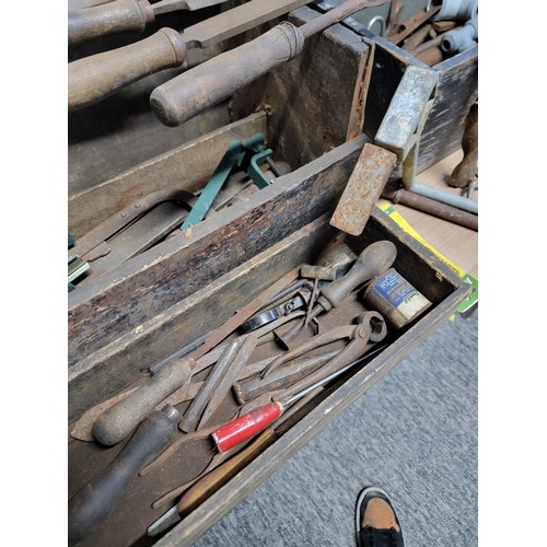 408 - 2x vintage tool boxes containing a quantity of tools inc 2x windlasses. files, hammers, drill bits, ... 