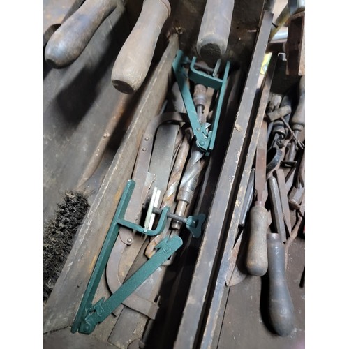 408 - 2x vintage tool boxes containing a quantity of tools inc 2x windlasses. files, hammers, drill bits, ... 