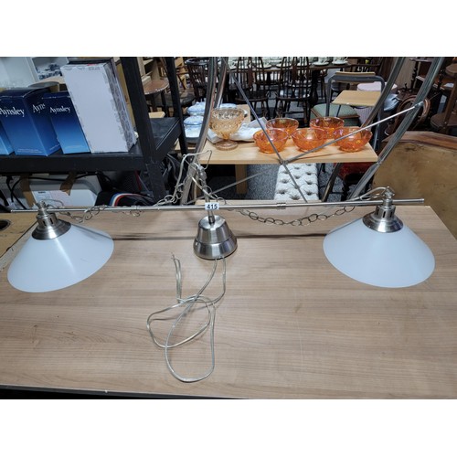 415 - Modern chrome 2 tier frosted glass ceiling light height 30cm length 114cm diameter of shade 30cm