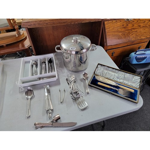 432 - Quantity of cutlery inc a silver plated cased serving set, tray of cutlery and a large jam pan with ... 