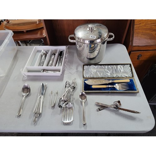 432 - Quantity of cutlery inc a silver plated cased serving set, tray of cutlery and a large jam pan with ... 