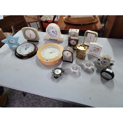 442 - Box containing a collection of clocks inc Metamec quartz mantel carriage clock, Acctim wall clock, L... 