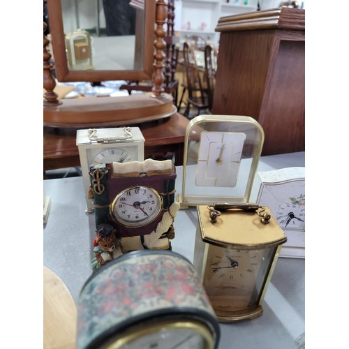 442 - Box containing a collection of clocks inc Metamec quartz mantel carriage clock, Acctim wall clock, L... 