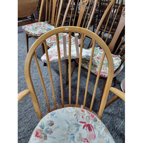 477 - Pair of Ercol low slung easy arm chairs in blonde with both seat and back pads, both in fine sturdy ... 